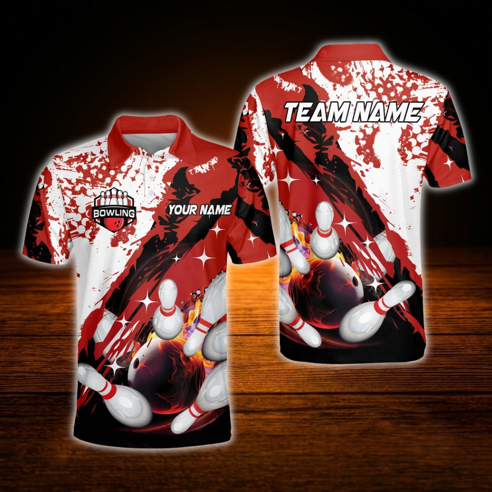 Custom Team Red White Bowling Polo Shirts Mens, Custom Team Bowling Shirts