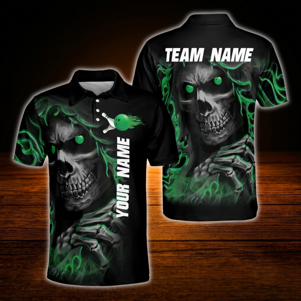 Custom Skull Green Black Mens Bowling Polo Shirts, Custom Skull Bowling Team Shirts