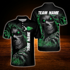 Custom Skull Green Black Mens Bowling Polo Shirts, Custom Skull Bowling Team Shirts