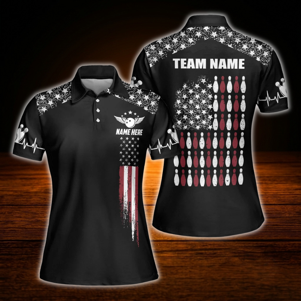 Custom American Flag  Black Polo Bowling Shirt For Women, Custom Patriotic Women Bowling Team Shirts