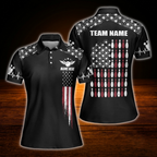 Custom American Flag  Black Polo Bowling Shirt For Women, Custom Patriotic Women Bowling Team Shirts