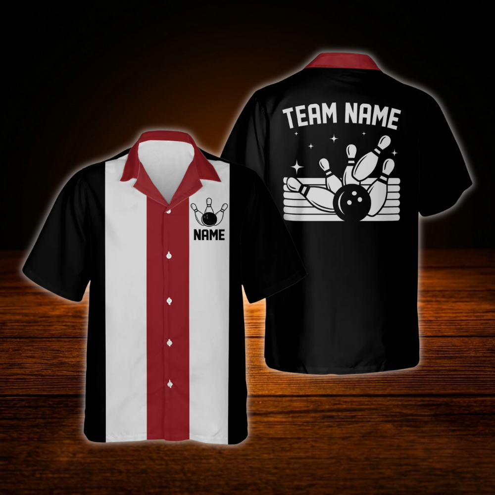 Custom Vintage Red Black Bowling Hawaiian Shirt, Custom Vintage Bowling Team Shirt