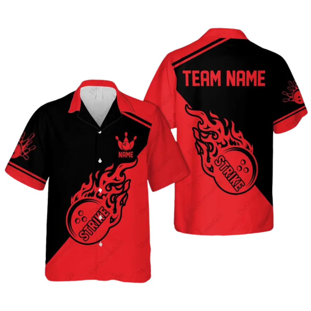 Custom Flame Strike Ball Red And Black Hawaiian Bowling Shirts For Men, Custom Flame Bowling Team Shirts BE0086