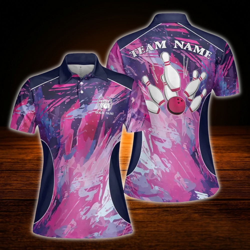 Custom Team Pink Purple Bowling Polo Shirts For Women, Custom Bowling Shirt Women