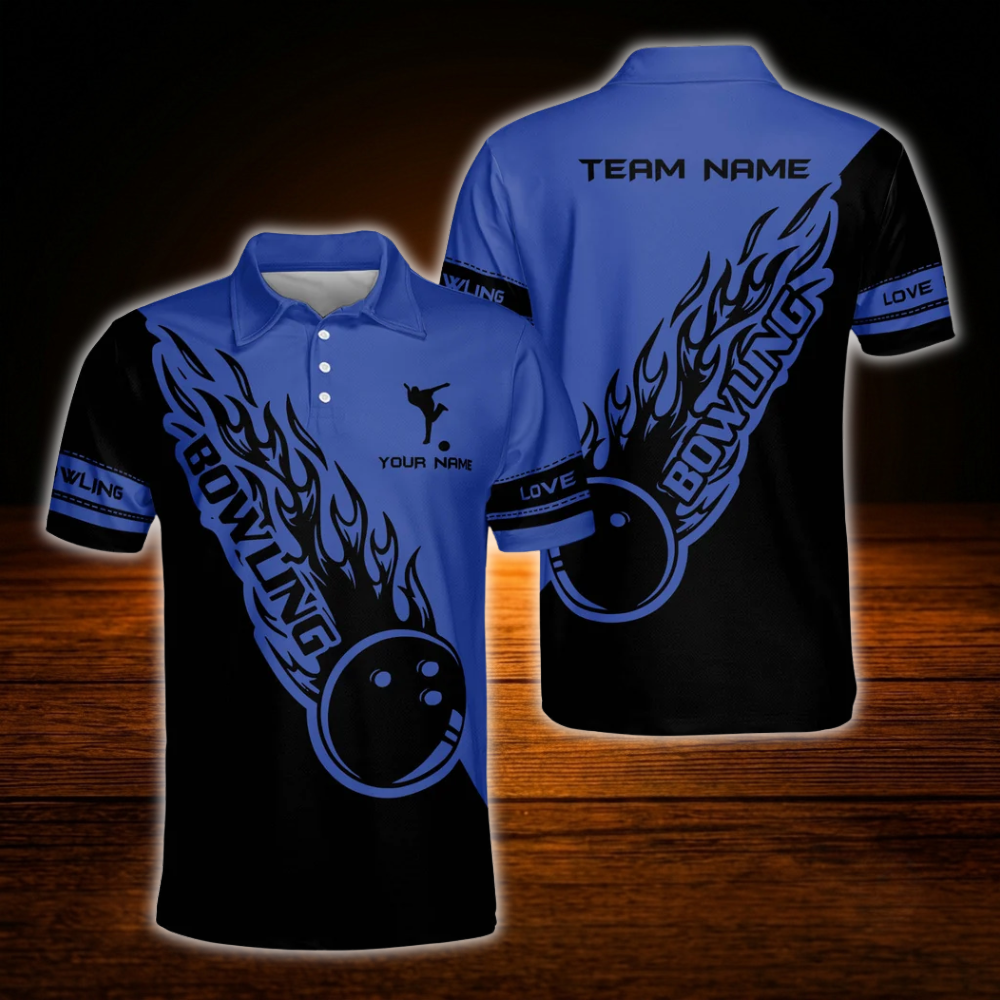 Custom Flame Blue And Black Bowling Polo Shirts For Men, Custom Flame Bowling Team Shirts