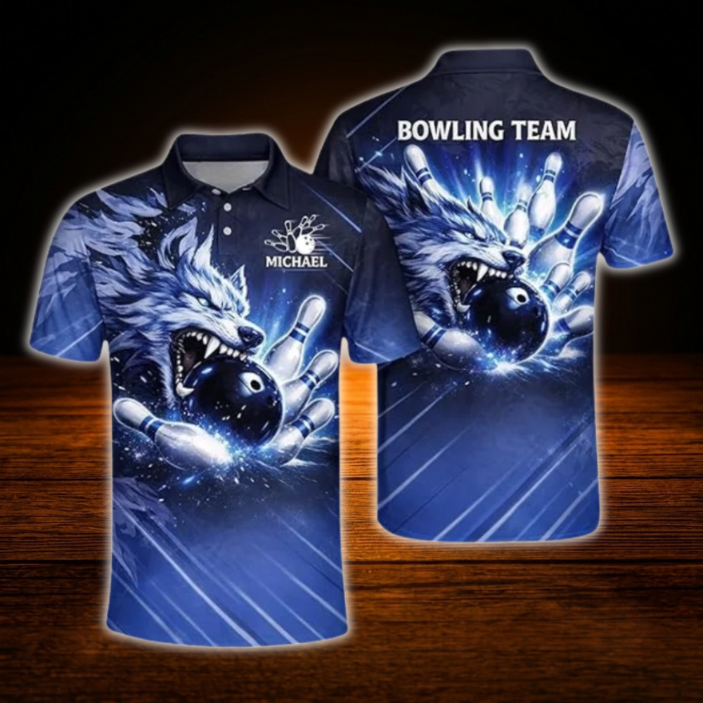 Custom Wolf Blue Mens Polo Bowling Shirts, Custom Wolf Bowling Shirts Team