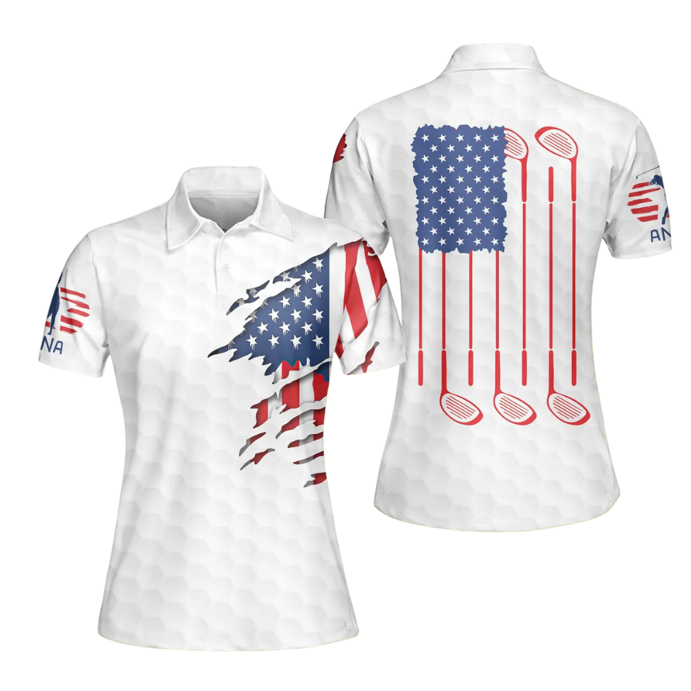 Custom American Flag Golf Polo Shirts For Ladies, Custom Women's Patriotic Golf Shirts GE0046