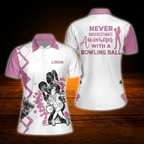 Custom Never Underestimate A Woman With A Bowling Ball Bowling Polo Shirts For Women, Custom Funny Bowling Shirts For Women