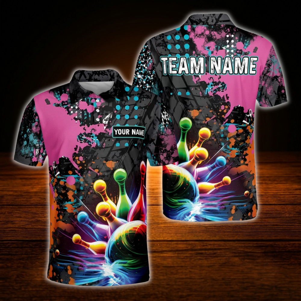 Custom Team Abstract Colorful Bowling Polo Shirts For Men, Custom Bowling Team Shirts