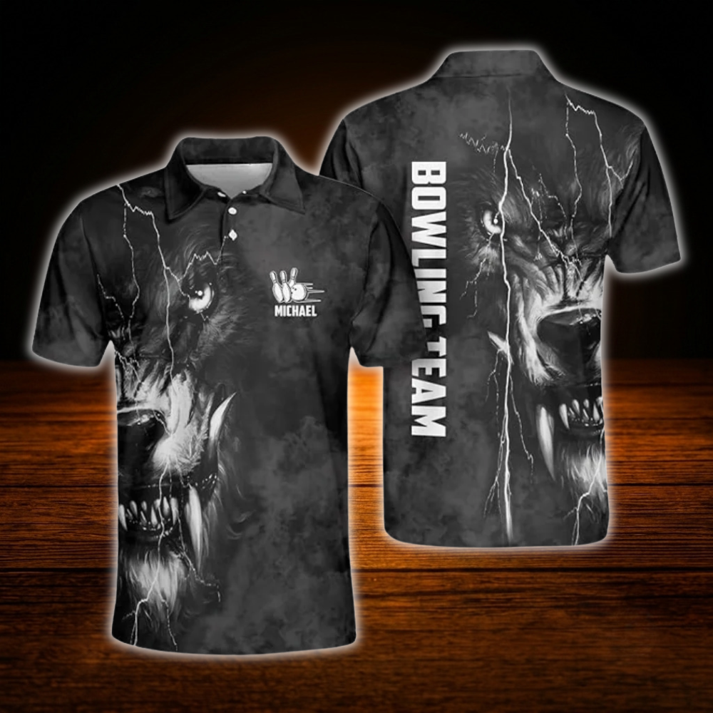 Custom Black Wolf Polo Bowling Shirts For Men, Custom Wolf Bowling Team Shirts