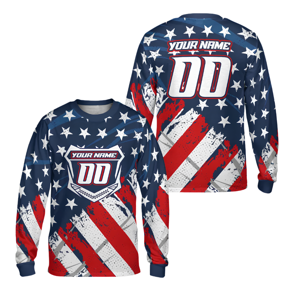 Custom American Flag Dirt Bike Long Sleeve Jersey For Men, Custom Patriotic Dirt Bike Shirts ME0001