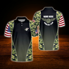 Custom Camo American Flag Mens Bowling Polo Shirts, Custom Camo Bowling Team Shirts