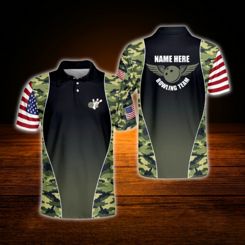 Custom Camo American Flag Mens Bowling Polo Shirts, Custom Camo Bowling Team Shirts
