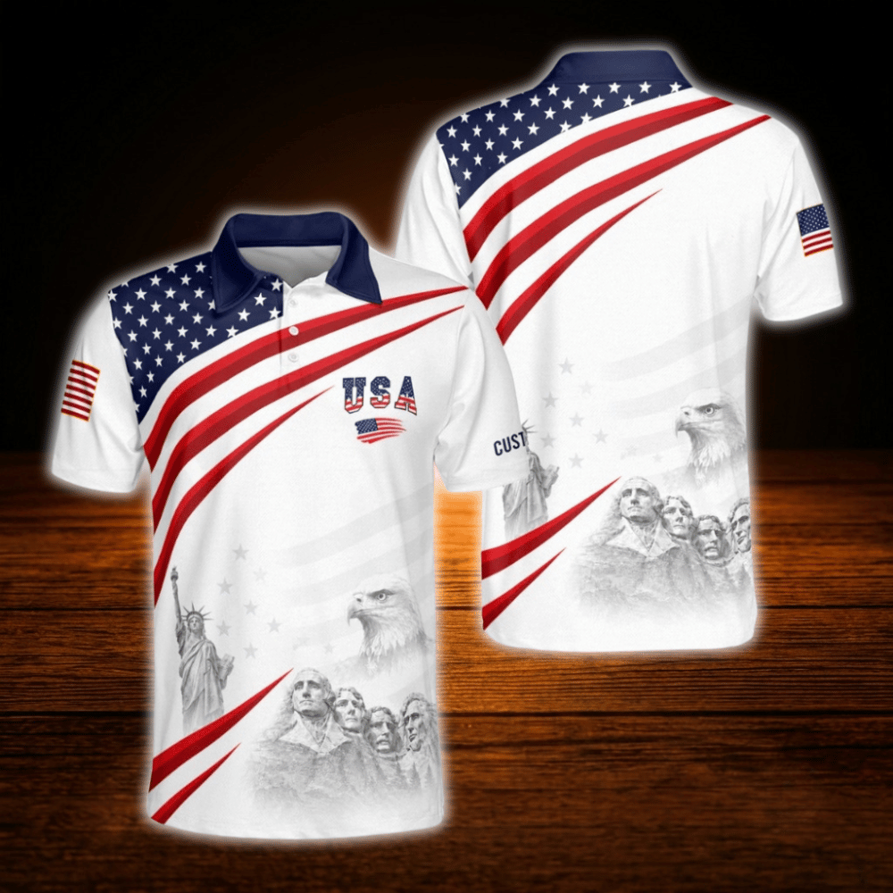 USA Flag Red White Blue Custom Name Golf Polo Shirt Mens, Custom Patriotic Golf Shirt