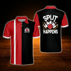 Custom Split Happens Red And Black Bowling Polo Shirts For Men, Custom Funny Bowling Shirts