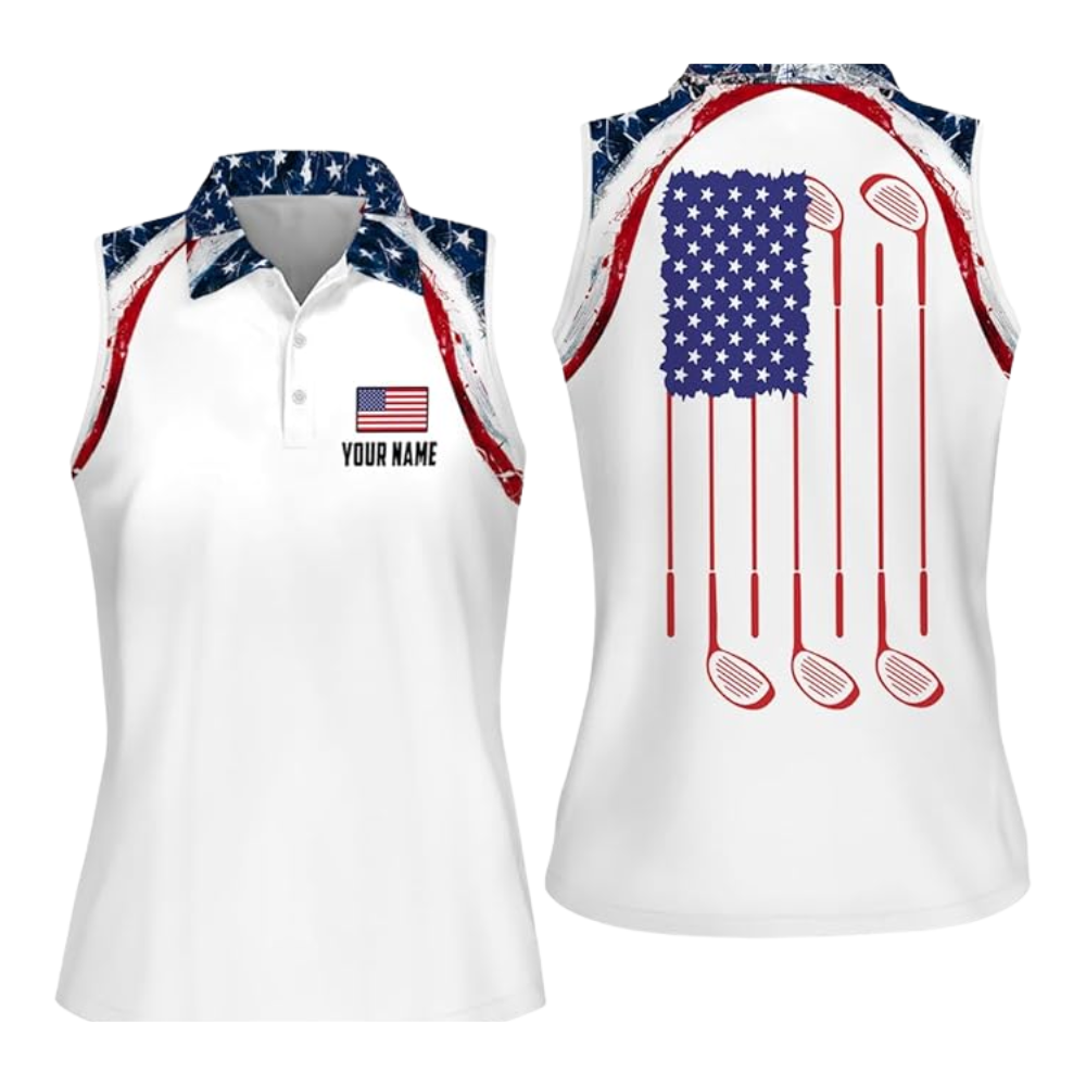 Custom American Flag Sleeveless Golf Shirt Womens, Custom Ladies Patriotic Golf Shirts GZ0012