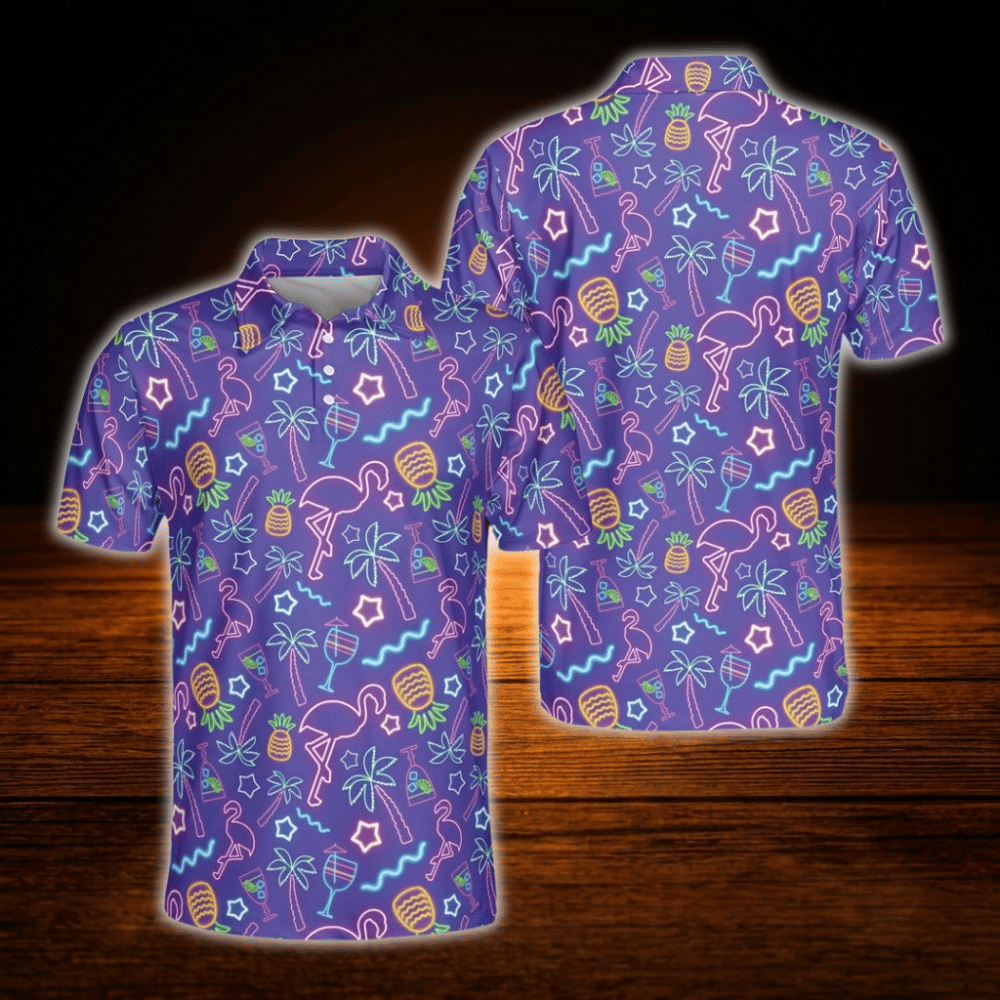 Neon Purple Flamingo Tropical Golf Polo Shirts For Men, Flamingo Golf Shirts