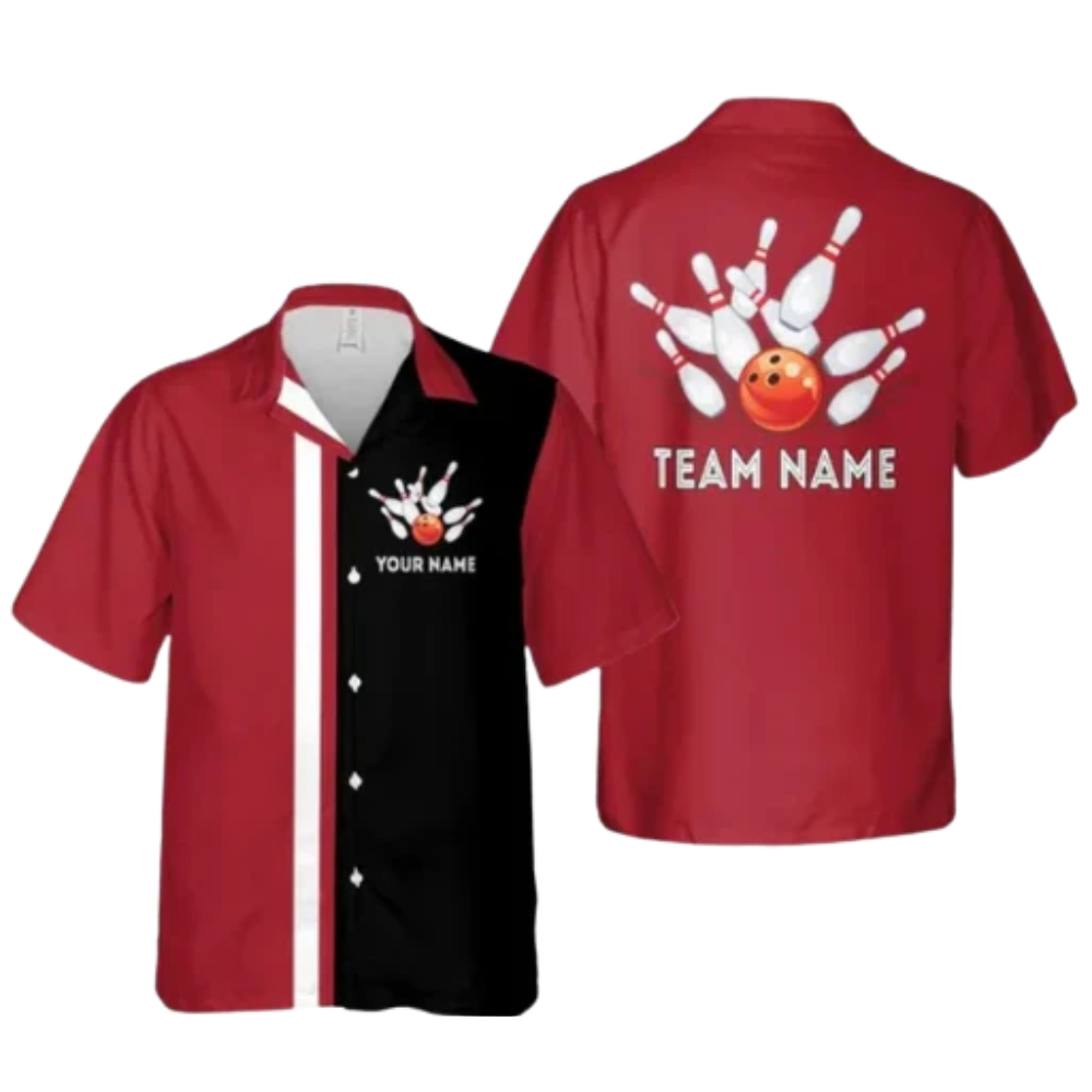 Custom Team Red And Black Hawaiian Bowling Shirts For Men, Custom Bowling Shirts BZ0263