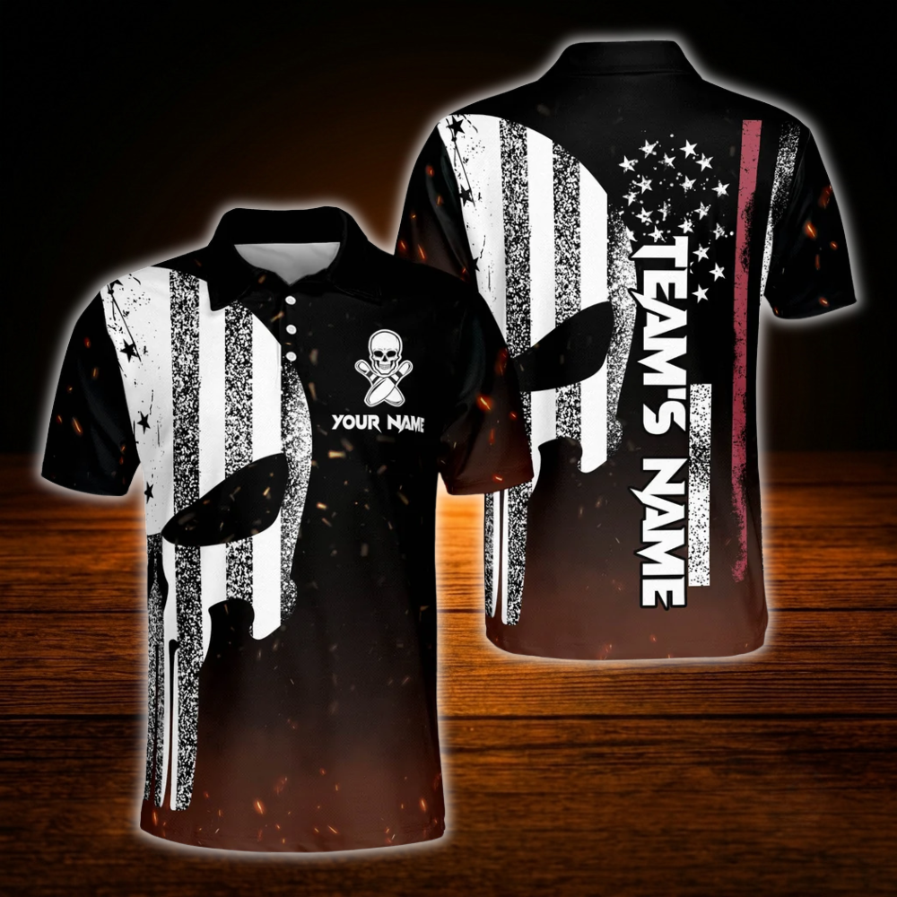 Custom Skull American Flag Bowling Polo Shirts For Men, Custom Skull Bowling Team Shirts