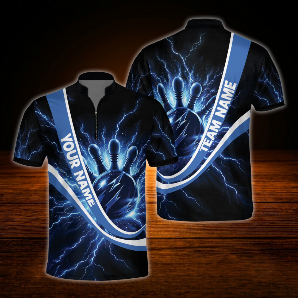 Custom Black And Blue Thunder Bowling Jersey Shirt For Men, Custom Thunder Bowling Team Shirts