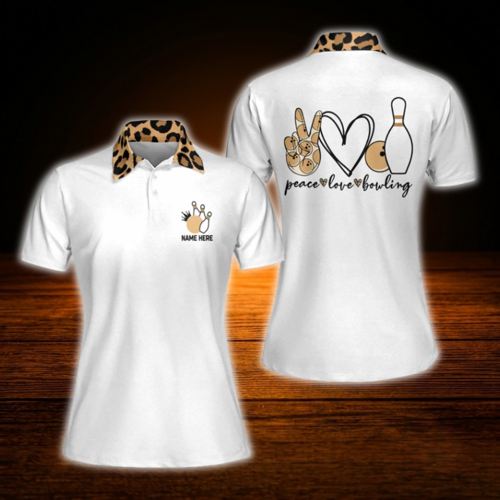 Custom Leopard White Peace Love Bowling Polo Shirts For Women, Custom Leopard Bowling Shirts For Women