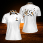 Custom Leopard White Peace Love Bowling Polo Shirts For Women, Custom Leopard Bowling Shirts For Women