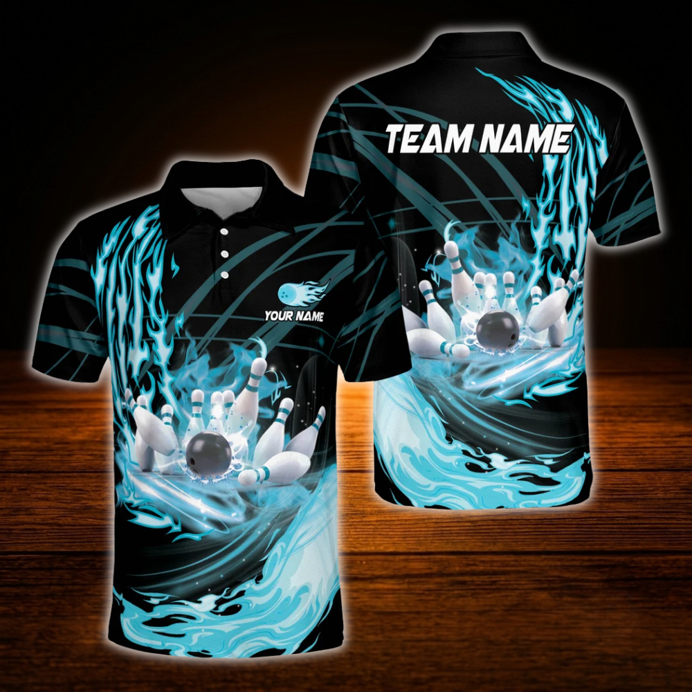 Custom Flame Cyan Black Polo Bowling Shirts For Men, Custom Flame Bowling Team Shirts
