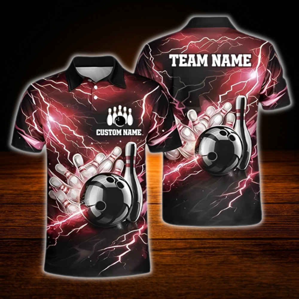 Custom Thunder Red Black Bowling Polo Shirts Mens, Custom Thunder Bowling Team Shirts