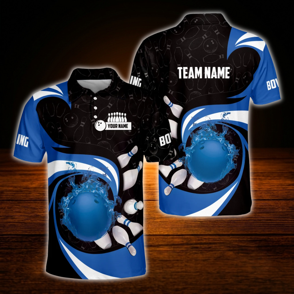 Custom Blue Flame Mens Bowling Polo Shirts, Custom Flame Bowling Team Shirts