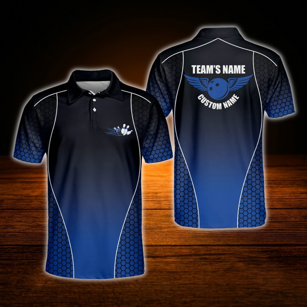 Custom Team Black Blue Bowling Polo Shirts For Men, Custom Team Bowling Shirts