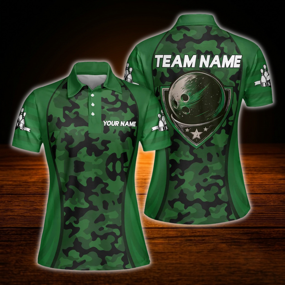 Custom Camo Green Bowling Polo Shirts Women, Custom Camo Bowling Team Shirts For Women