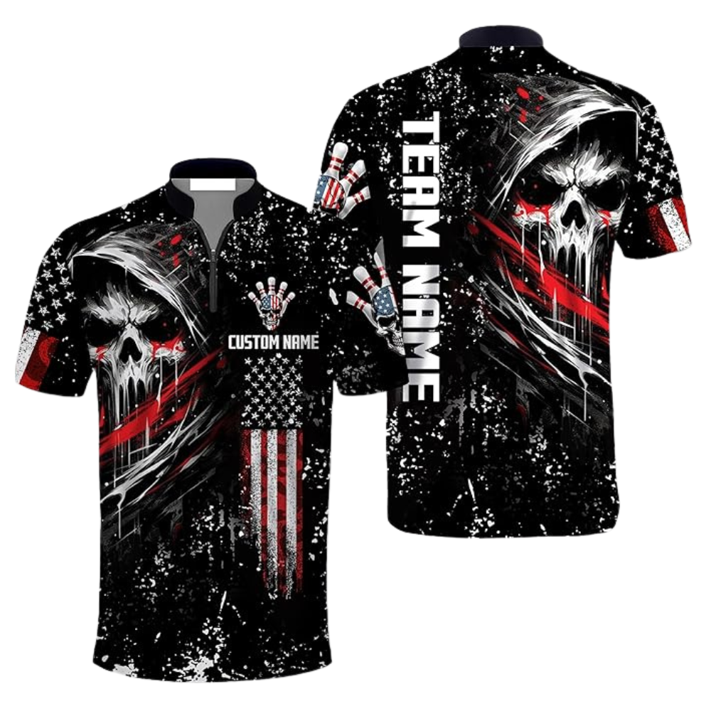 Custom Skull Black Bowling Jerseys Shirt For Men, Custom Skull American Flag Bowling Team Shirts BZ0290