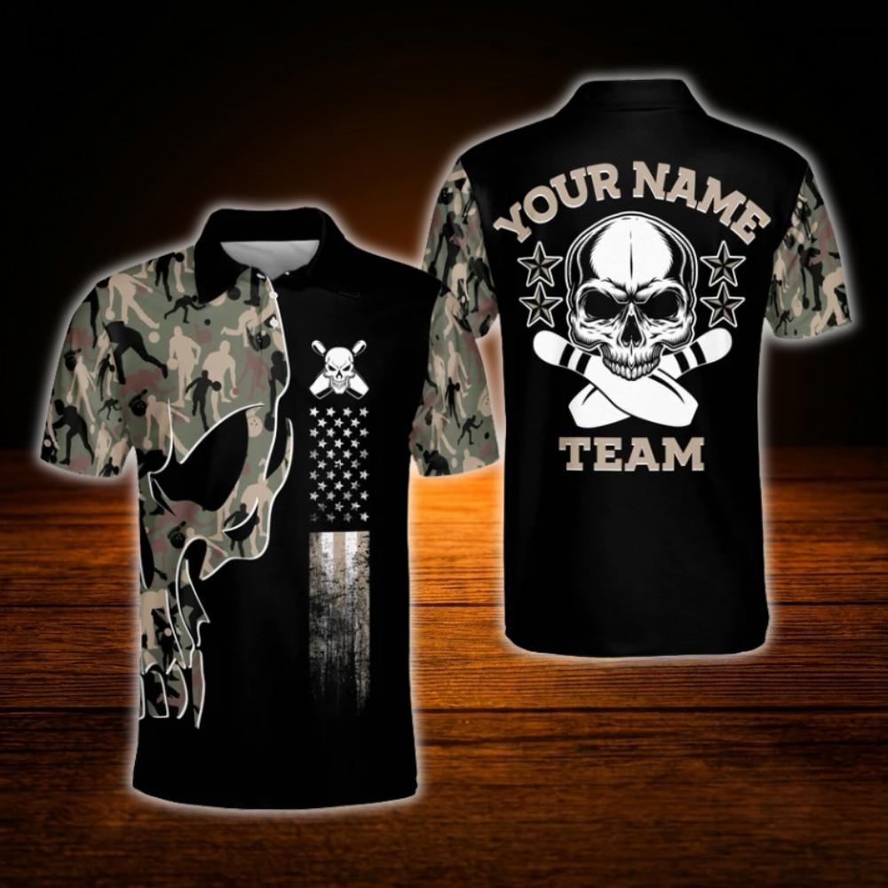 Custom Skull Camo Bowling Polo Shirts Mens, Custom Skull Bowling Team Shirts