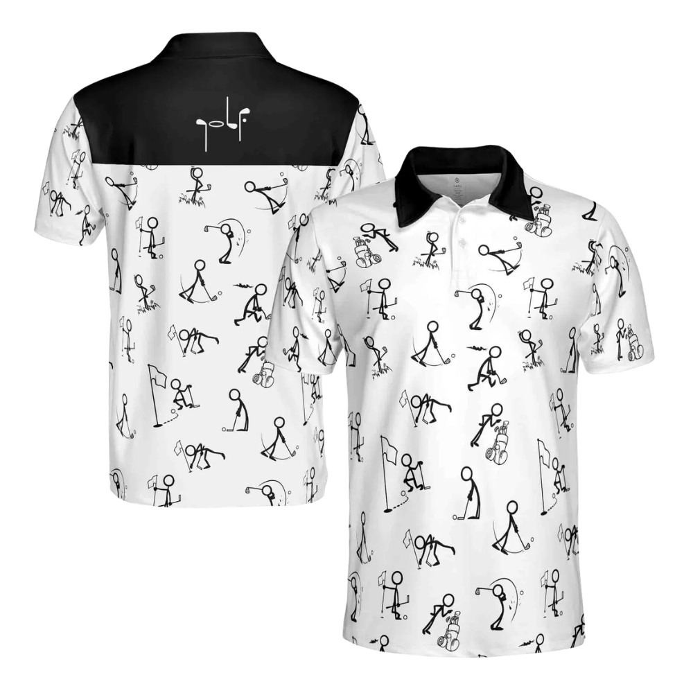 Men's Funny Stickfigures Golf Polo Shirts, Black And White Stickfigures Golf Shirts GE0068