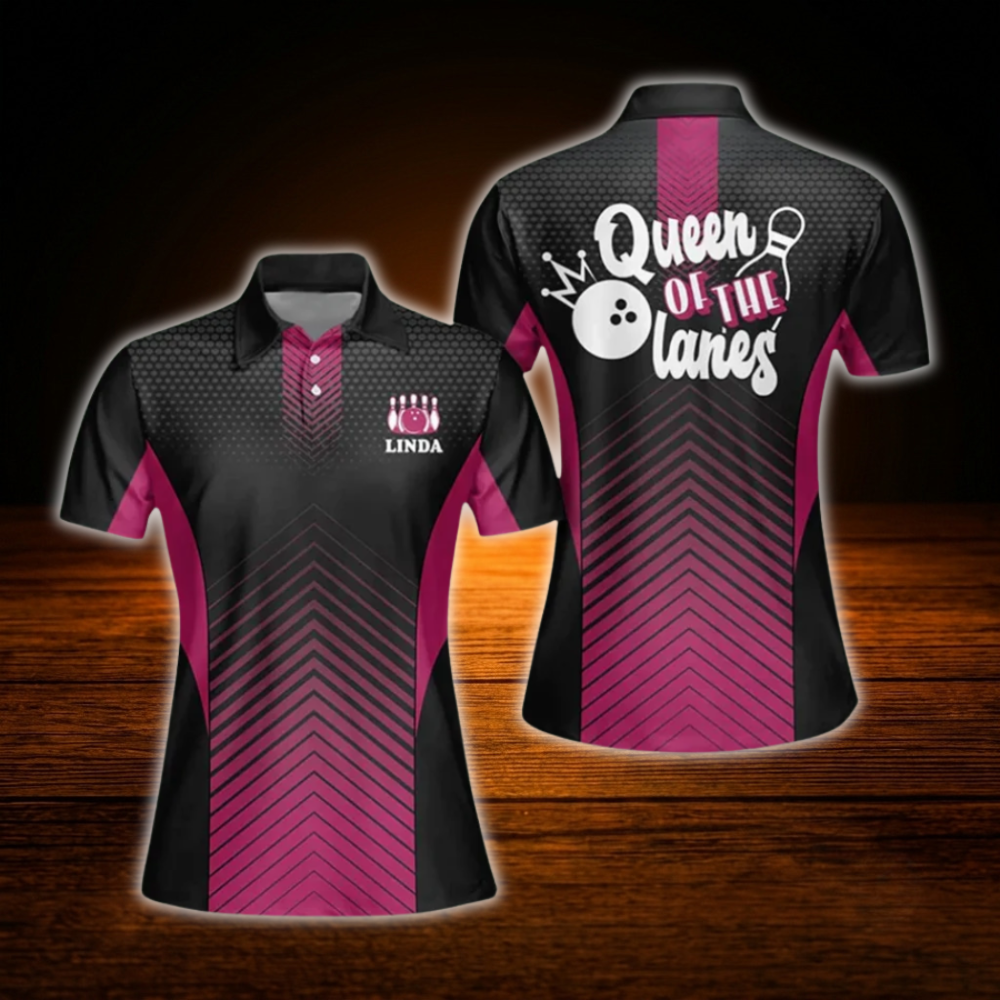 Queen Of The Lane Custom Black And Pink Bowling Polo Shirts For Women, Custom Funny Women Bowling Shirts