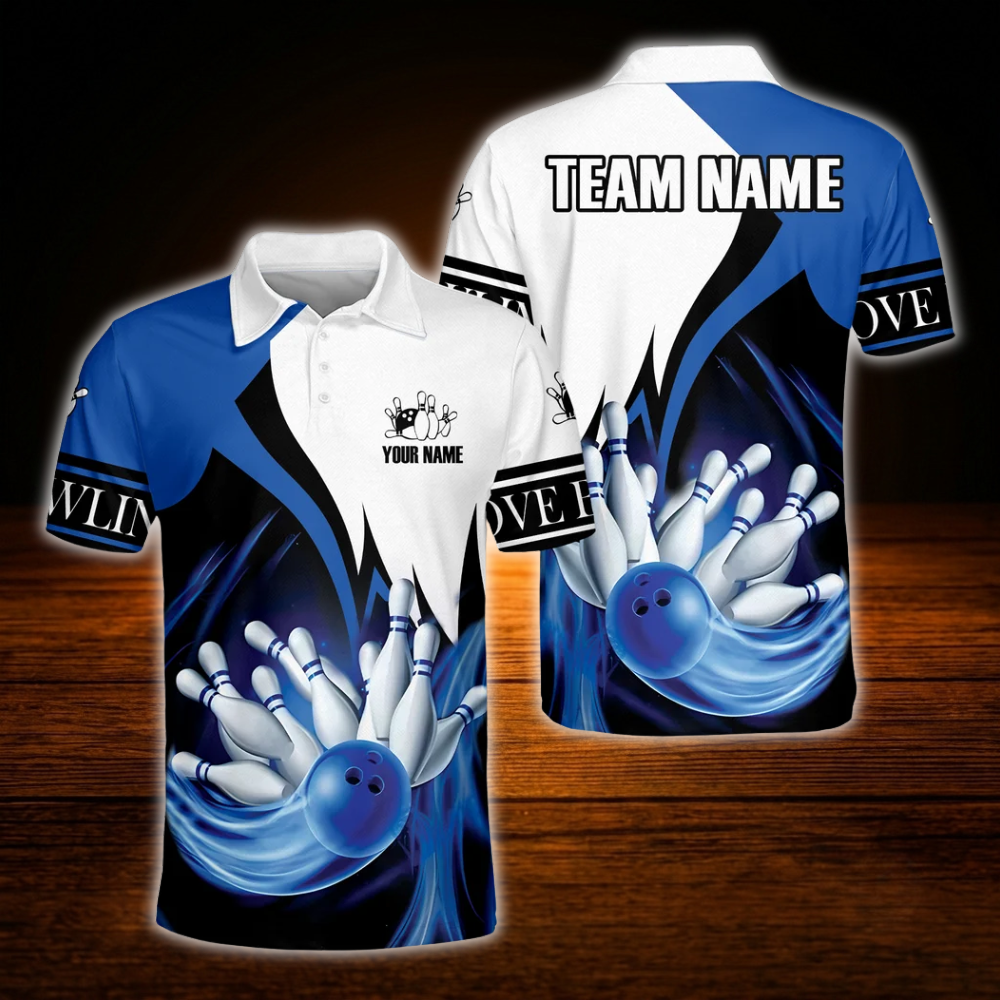 Custom Team Blue And White Bowling Polo Shirts For Men, Custom Bowling Team Shirts