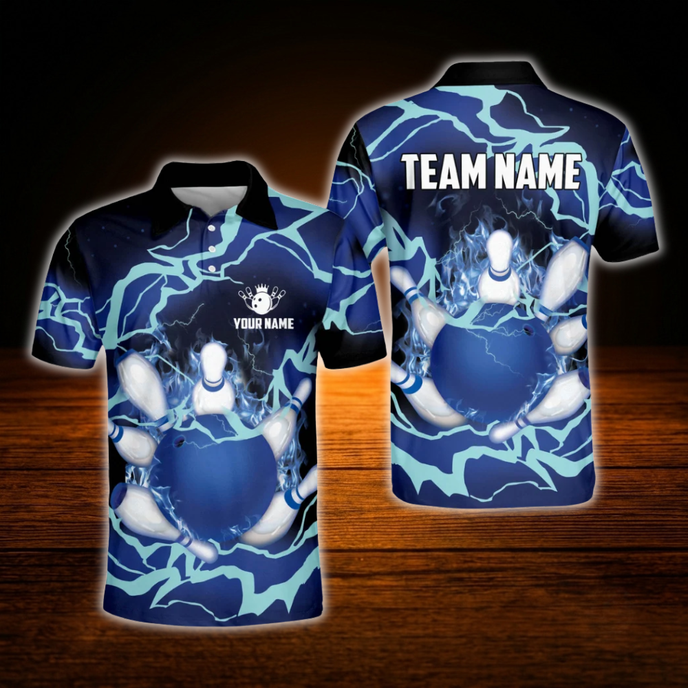 Custom Flame Blue Bowling Polo Shirts Mens, Custom Flame Bowling Team Shirts