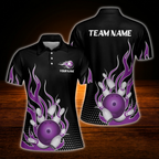 Custom Flame Purple Women Bowling Polo Shirts, Custom Flame Bowling Team Shirts Ladies
