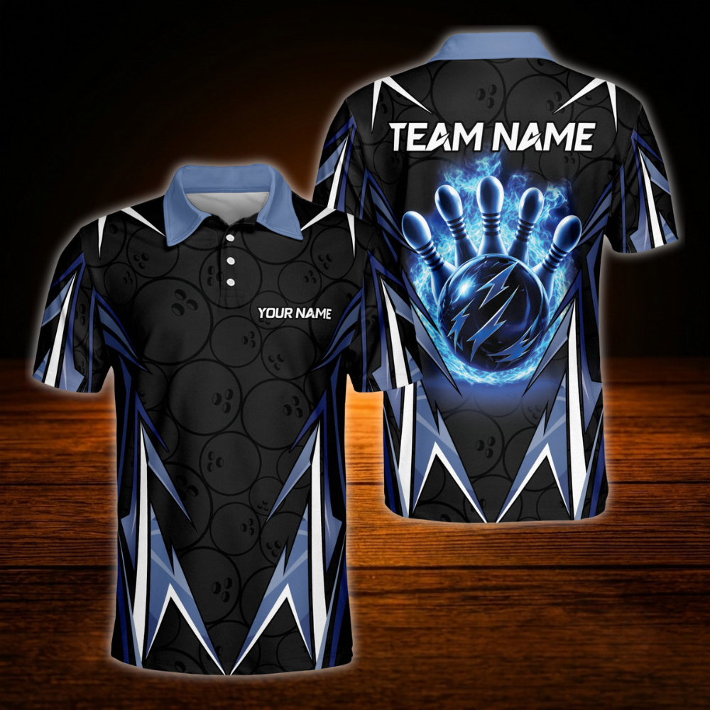 Custom Team Black And Blue Flame Bowling Polo Shirts For Men, Custom Bowling Shirt