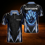 Custom Team Black And Blue Flame Bowling Polo Shirts For Men, Custom Bowling Shirt