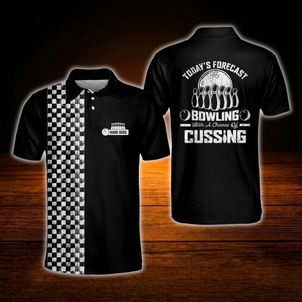 Today's Forecast Bowling With A Change Of Cussing Custom Mens Bowling Polo Shirts, Custom Funny Bowling Shirts