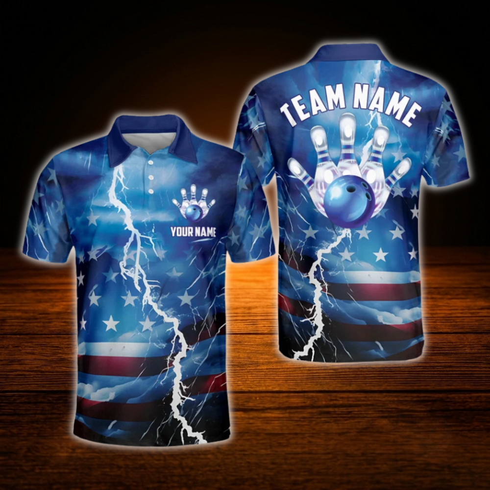 Custom American Flag Blue Thunder Bowling Polo Shirts For Men, Custom Patriotic Bowling Team Shirts