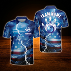 Custom American Flag Blue Thunder Bowling Polo Shirts For Men, Custom Patriotic Bowling Team Shirts