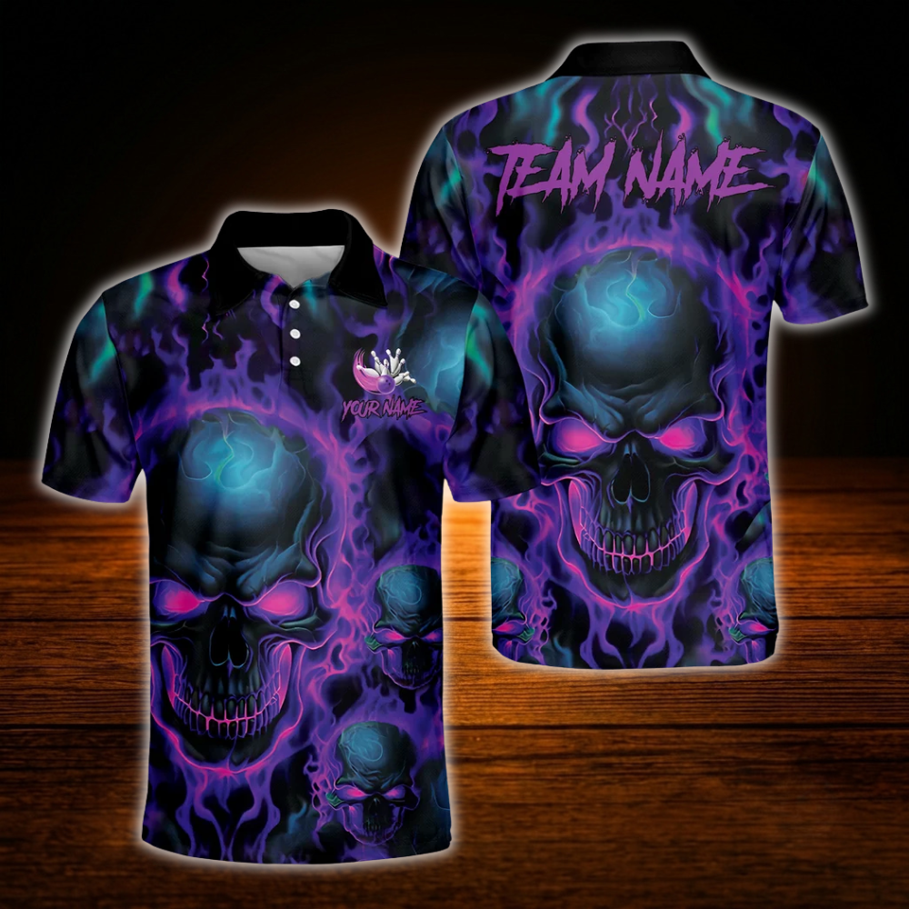 Custom Skull Purple Flame Mens Bowling Polo Shirts, Custom Skull Bowling Team Shirts