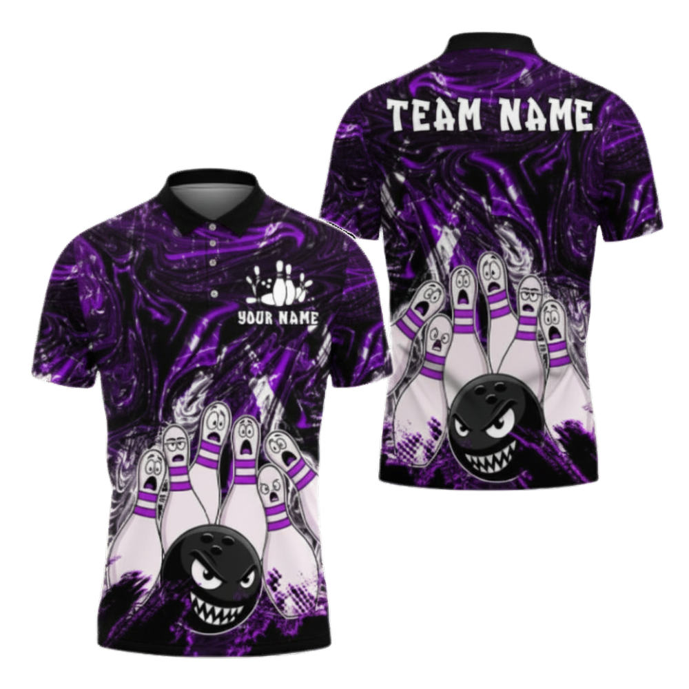 Custom Angry Ball Purple Bowling Polo Shirts For Men, Custom Bowling Team Shirts BZ0276