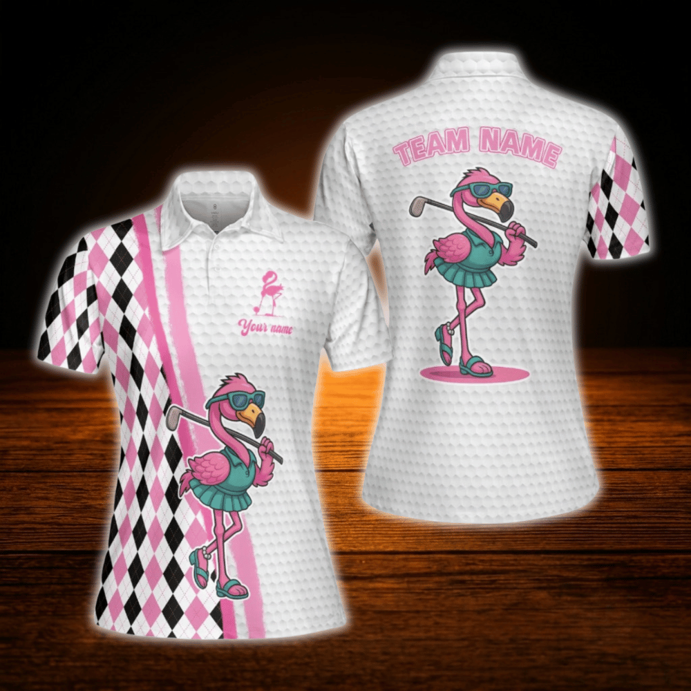 Custom  Flamingo Argyle Golf Polo Shirt For Women, Custom Flamingo Golf Team Shirt For Ladies