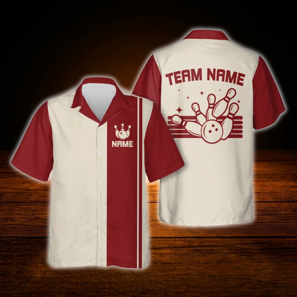 Vintage Custom Red Beige Bowling Hawaiian Shirt For Men Women, Custom Vintage Bowling Team Shirt