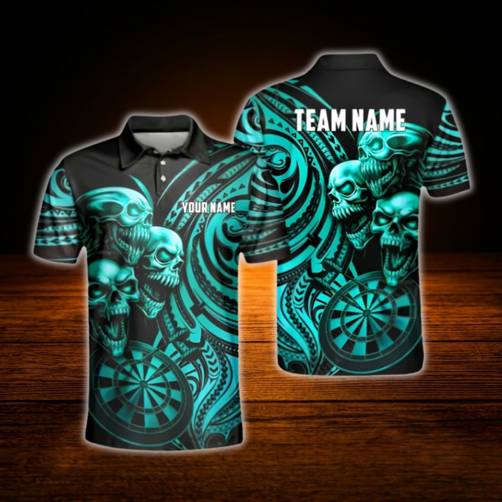 Custom Skull Cyan Black Dart Men Polo Shirt, Custom Skull Darts Team Shirt