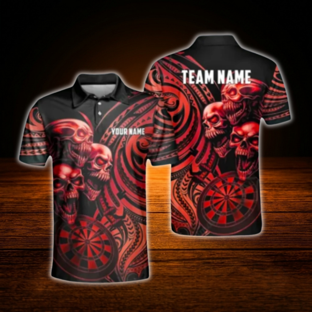 Custom Skull Cyan Black Dart Men Polo Shirt, Custom Skull Darts Team Shirt