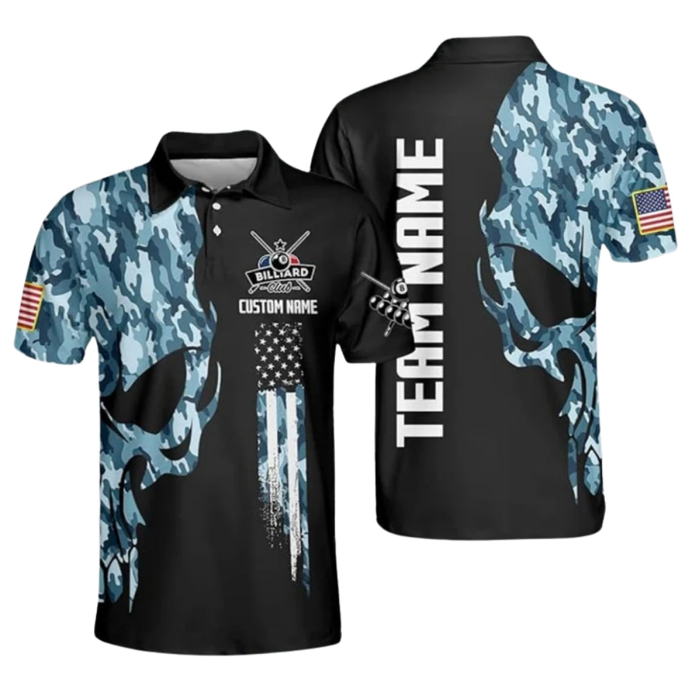 Custom Blue Camo Skull Billiard Polo Shirt Mens, Custom Skull Billiard Team Shirts BIZ0169